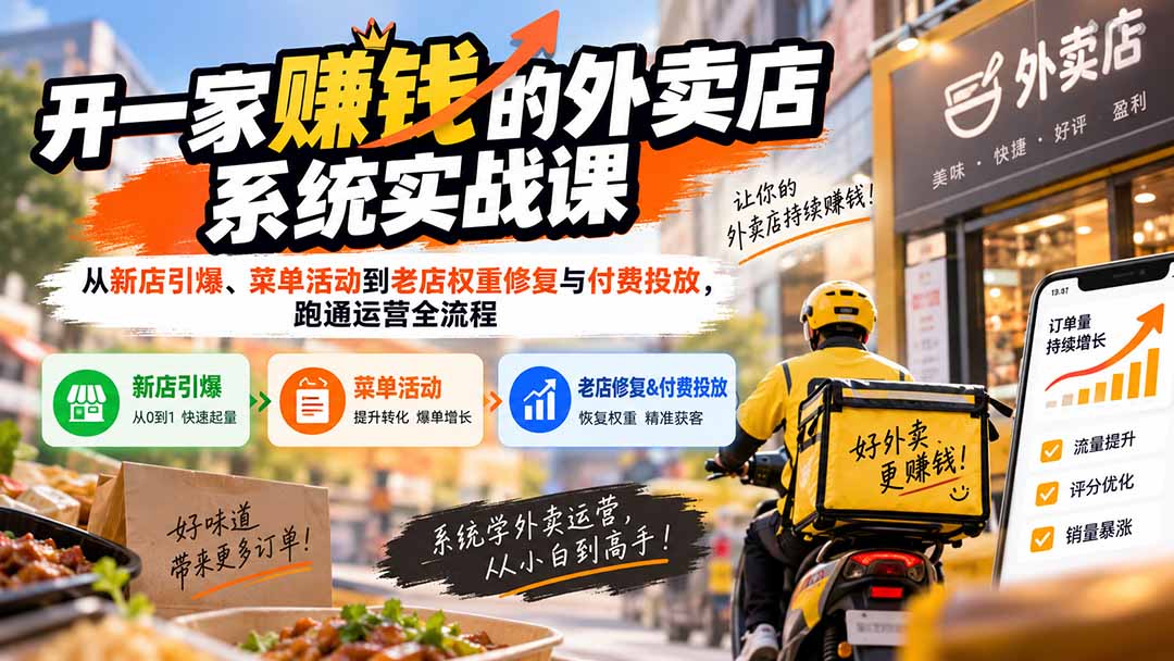 开一家赚钱的外卖店系统实战课：从新店引爆、菜单活动到老店权重修复与付费投放，跑通运营全流程-鑫梵淘轻创网