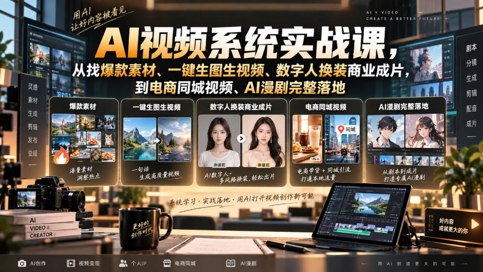 AI视频系统实战课,从找爆款素材、一键生图生视频、数字人换装商业成片,到电商同城视频、AI漫剧完整落地-鑫梵淘轻创网