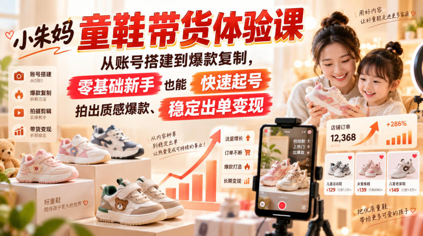 小朱妈童鞋带货体验课，从账号搭建到爆款复制，零基础新手也能快速起号、拍出质感爆款、稳定出单变现-鑫梵淘轻创网