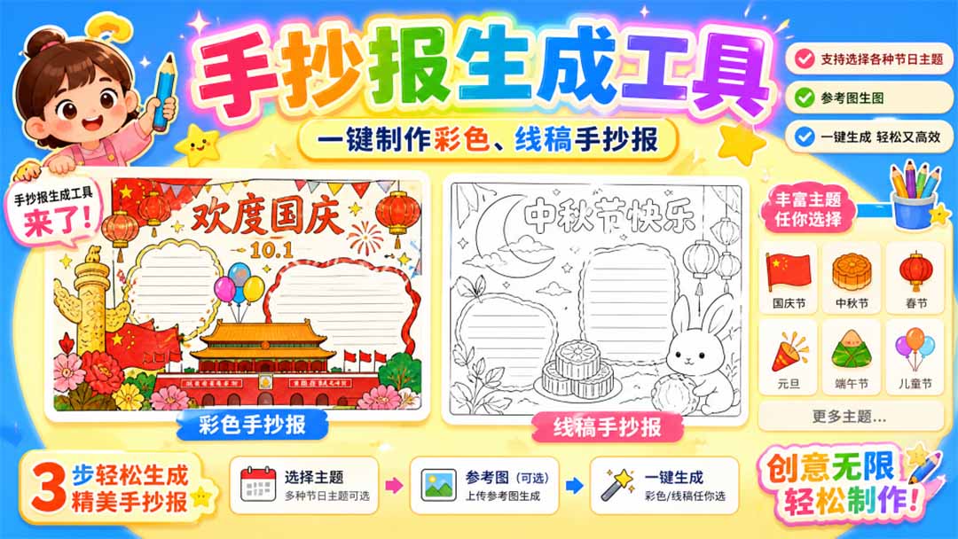 手抄报批量生成工具来了,完全免费,告别豆包生图,这个高清无水印-鑫梵淘轻创网