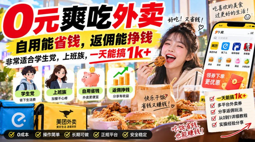 0元爽吃外卖,自用能省钱,返佣能挣钱,非常适合学生党,上班族,一天能搞1k+-鑫梵淘轻创网