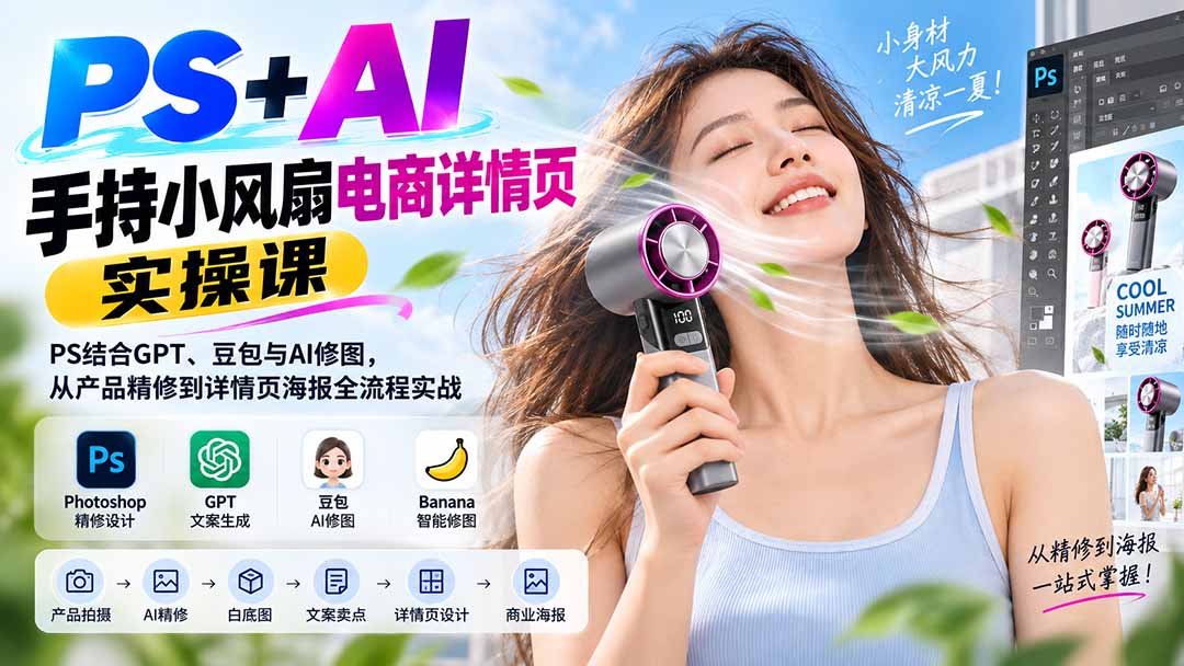 PS+AI手持小风扇电商详情页实操课:PS结合GPT、豆包与AI修图,从产品精修到详情页海报全流程实战-鑫梵淘轻创网