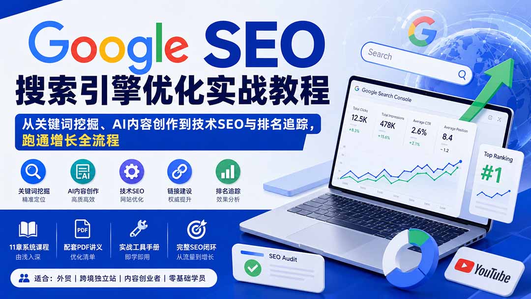 Google SEO搜索引擎优化实战教程:从关键词挖掘、AI内容创作到技术SEO与排名追踪,跑通增长全流程-鑫梵淘轻创网