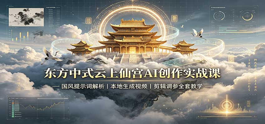 东方中式云上仙宫AI创作实战课:国风提示词解析,本地生成视频,剪辑调参全套教学-鑫梵淘轻创网
