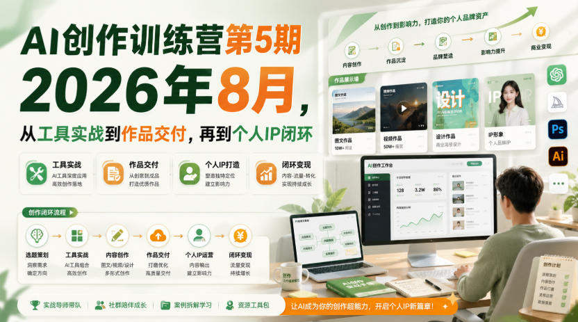 AI创作训练营第5期2026年8月,从工具实战到作品交付,再到个人IP闭环(更新0904)-鑫梵淘轻创网