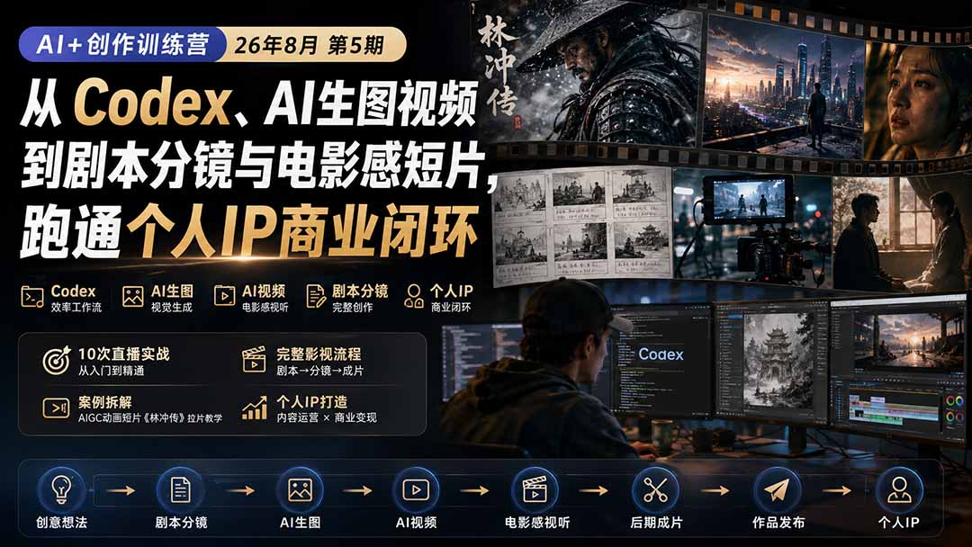 AI+创作训练营26年第5期-更新：从Codex、AI生图视频到剧本分镜与电影感短片，跑通个人IP商业闭环-鑫梵淘轻创网