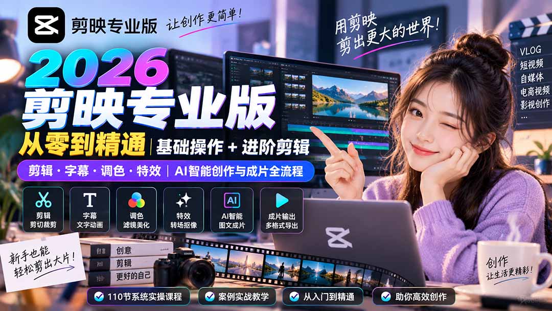 2026剪映专业版从零到精通|基础操作+进阶剪辑|剪辑·字幕·调色·特效|AI智能创作与成片全流程-鑫梵淘轻创网