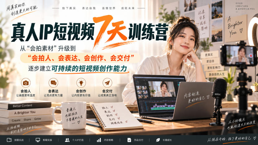 真人IP短视频7天训练营,从“会拍素材”升级到“会拍人、会表达、会创作、会交付”,逐步建立可持续的短视频创作能力-鑫梵淘轻创网