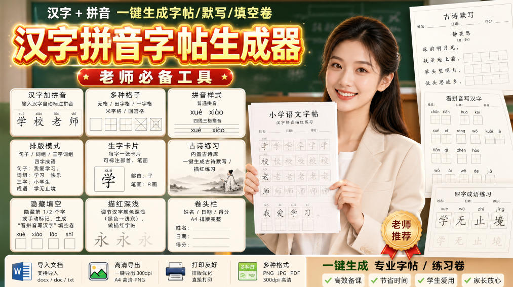 学习神器，汉字拼音字帖生成器，汉字+拼音 一键生成字帖/默写/填空卷，支持词组、成语，老师、家长必备