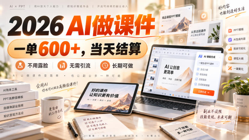2026 AI做课件,一单600+,当天结算,不用露脸,无需引流,长期可做【揭秘】-鑫梵淘轻创网