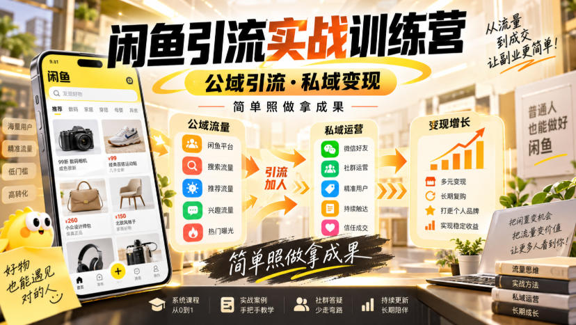 闲鱼引流实战训练营,公域引流·私域变现,简单照做拿成果-鑫梵淘轻创网