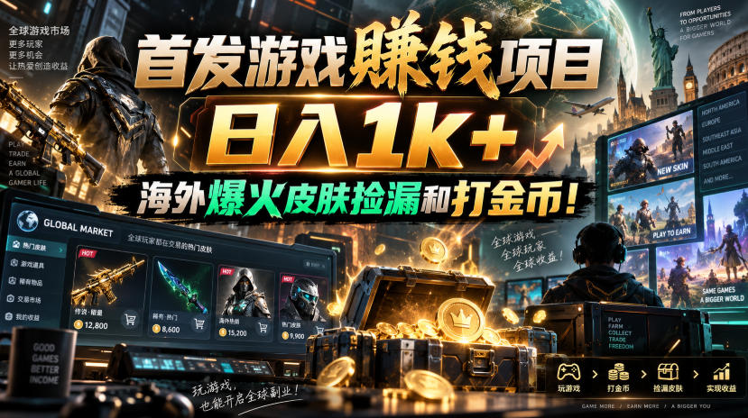 首发游戏賺钱项目，日入1k+，海外爆火皮肤捡漏和打金币！【揭秘】-鑫梵淘轻创网