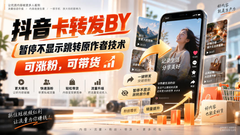 抖音卡转发搬运,暂停不显示跳转原作者技术,可涨粉,可带货-鑫梵淘轻创网