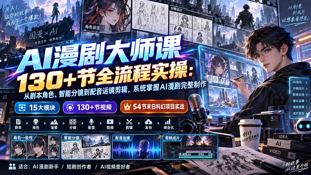 AI漫剧大师课130+节全流程实操:从剧本角色、智能分镜到配音运镜剪辑,系统掌握AI漫剧完整制作-鑫梵淘轻创网