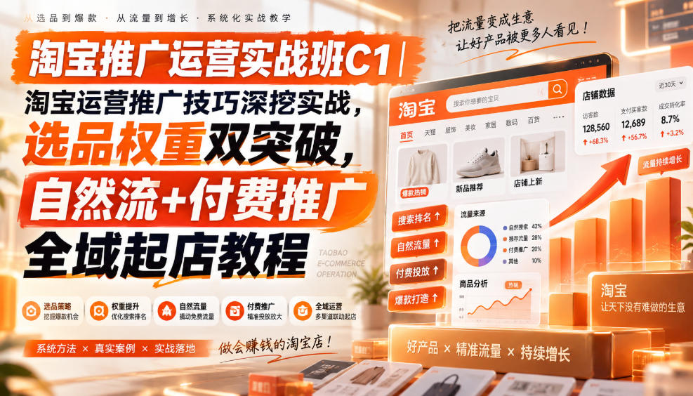 淘宝推广运营实战班C1｜淘宝运营推广技巧深挖实战，选品权重双突破，自然流+付费推广全域起店教程