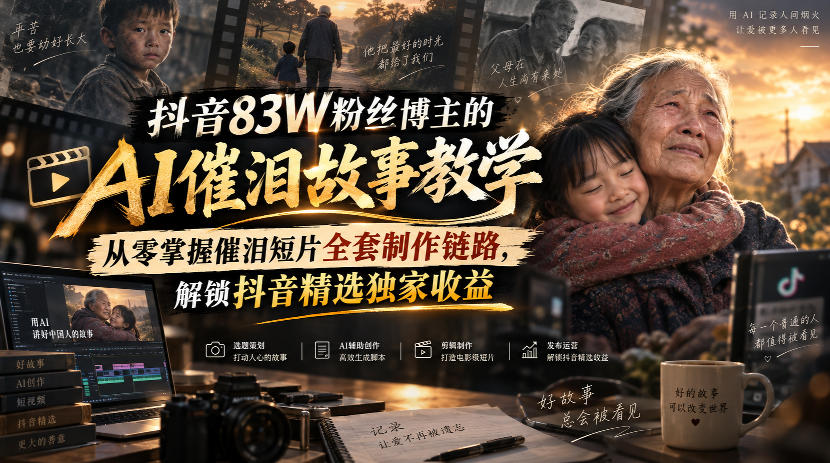抖音83W粉丝博主的AI催泪故事教学，从零掌握催泪短片全套制作链路，解锁抖音精选独家收益-鑫梵淘轻创网