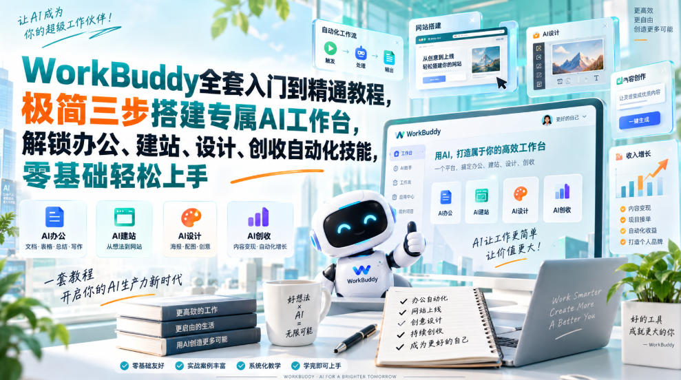 WorkBuddy全套入门到精通教程，极简三步搭建专属AI工作台，解锁办公、建站、设计、创收自动化技能，零基础轻松上手-鑫梵淘轻创网