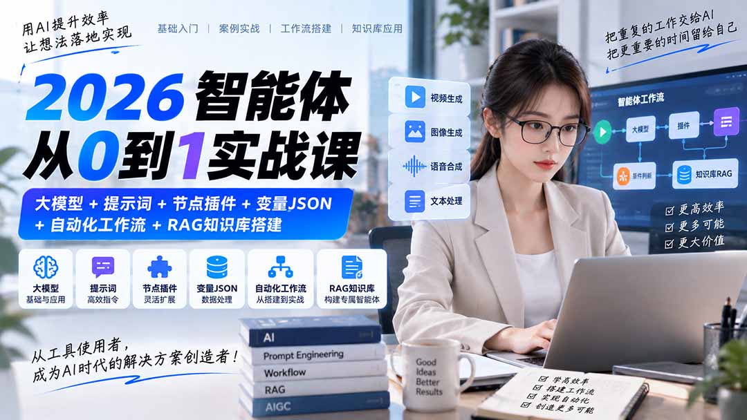 2026智能体从0到1实战课｜大模型+提示词+节点插件+变量JSON+自动化工作流+RAG知识库搭建-鑫梵淘轻创网
