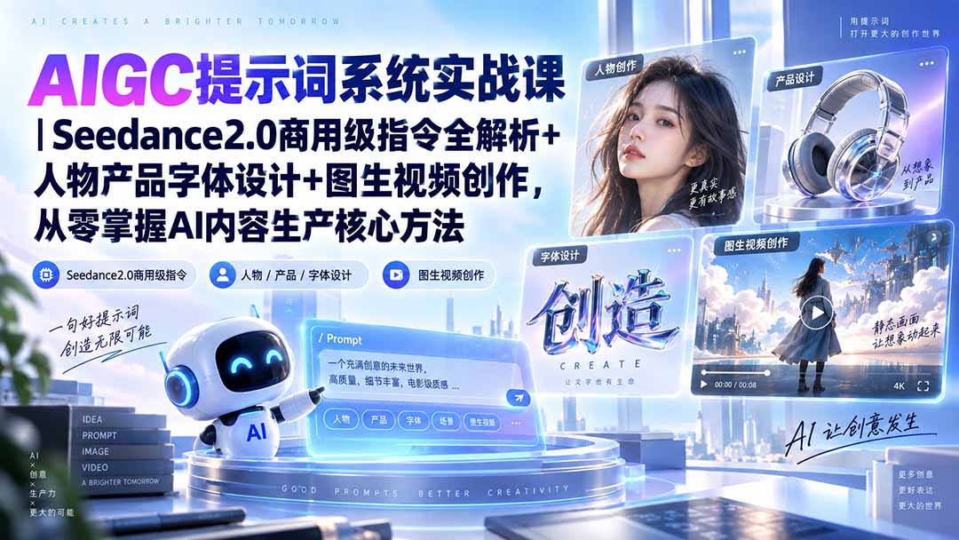 AIGC提示词系统实战课-无水印｜Seedance2.0商用级指令全解析+人物产品字体设计+图生视频创作，掌握AI内容生产方法-鑫梵淘轻创网