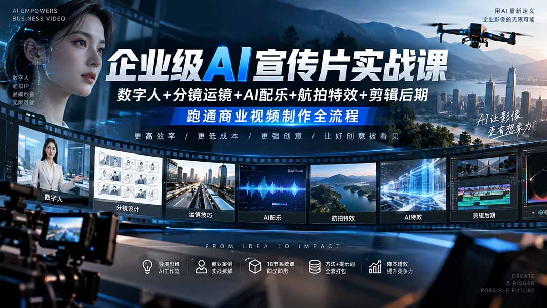 企业级AI宣传片实战课｜数字人+分镜运镜+AI配乐+航拍特效+剪辑后期，跑通商业视频制作全流程-鑫梵淘轻创网