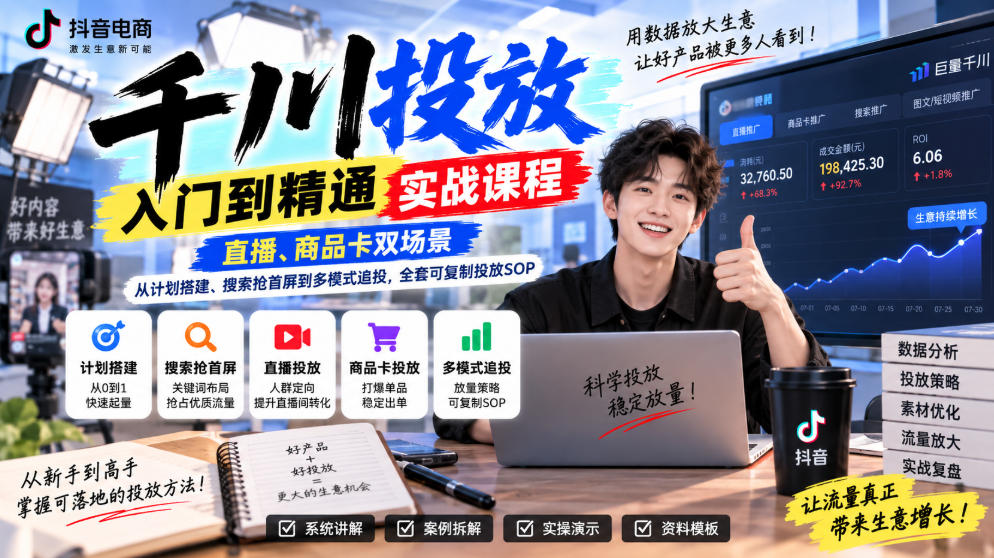 千川投放入门到精通实战课程,直播、商品卡双场景,从计划搭建、搜索抢首屏到多模式追投,全套可复制投放SOP-鑫梵淘轻创网