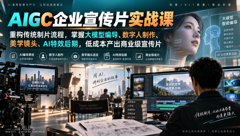 AIGC企业宣传片实战课,重构传统制片流程,掌握大模型编导、数字人制作、美学镜头、AI特效后期,低成本产出商业级宣传片-鑫梵淘轻创网