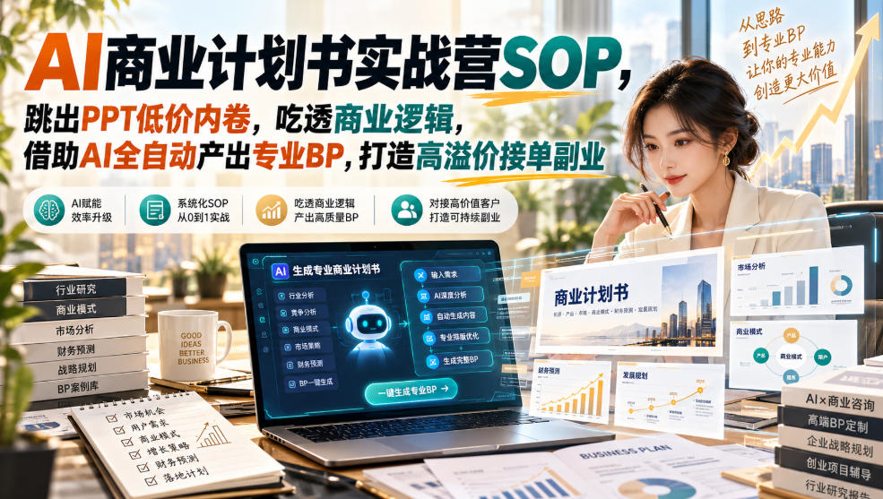 AI商业计划书实战营SOP,跳出PPT低价内卷,吃透商业逻辑,借助AI全自动产出专业BP,打造高溢价接单副业-鑫梵淘轻创网