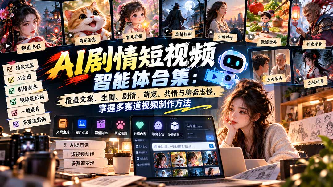 【无水印】AI剧情短视频智能体合集:覆盖文案、生图、剧情、萌宠、共情与聊斋志怪,掌握多赛道视频制作方法-鑫梵淘轻创网