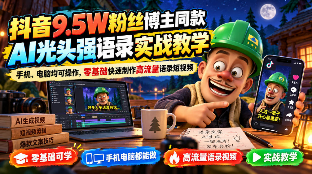 抖音9.5W粉丝博主同款AI光头强语录实战教学,手机、电脑均可操作,零基础快速制作高流量语录短视频-鑫梵淘轻创网