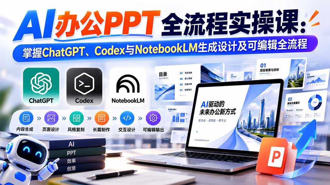 【无水印】AI办公PPT全流程实操课: 掌握ChatGPT、Codex与NotebookLM生成设计及可编辑全流程-鑫梵淘轻创网
