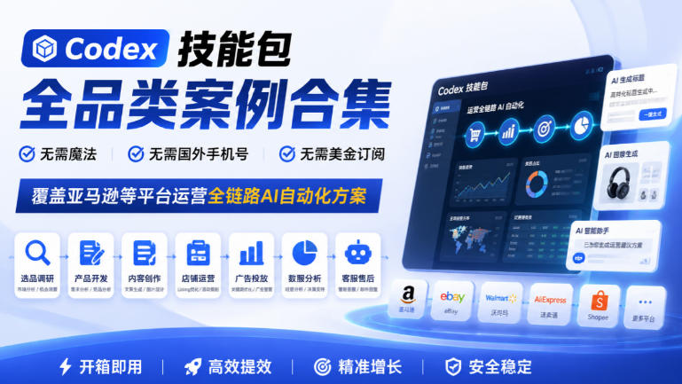 Codex技能包全品类案例合集,无需魔法、无需国外手机号、无需美金订阅,覆盖亚马逊等平台运营全链路AI自动化方案-鑫梵淘轻创网