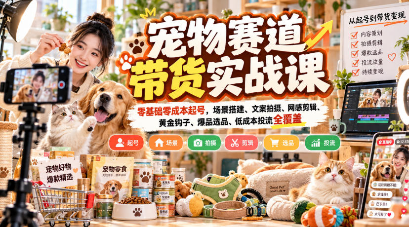 宠物赛道带货实战课，零基础零成本起号，场景搭建、文案拍摄、网感剪辑、黄金钩子、爆品选品、低成本投流全覆盖-鑫梵淘轻创网