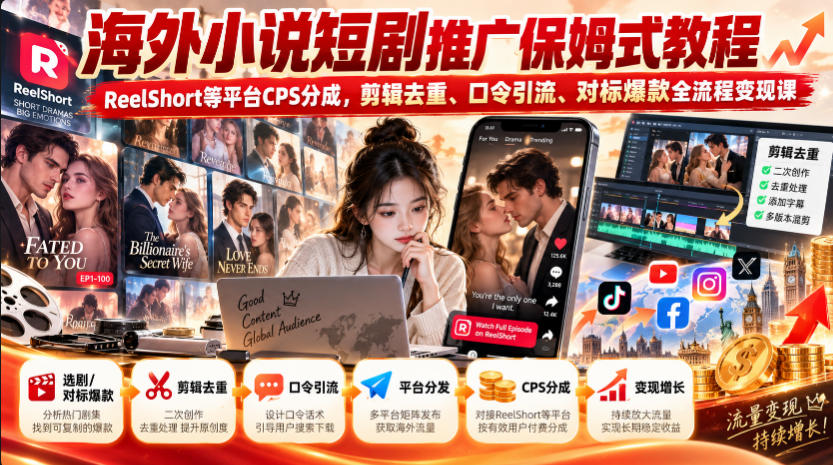 海外小说短剧推广保姆式教程|ReelShort等平台CPS分成,剪辑去重、口令引流、对标爆款全流程变现课-鑫梵淘轻创网