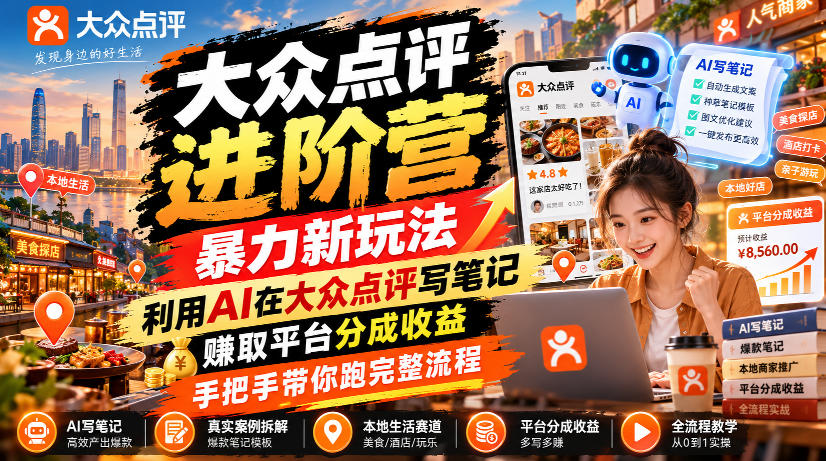 大众点评进阶营,暴力新玩法,利用AI在大众点评写笔记, 賺取平台分成收益,手把手带你跑完整流程-鑫梵淘轻创网