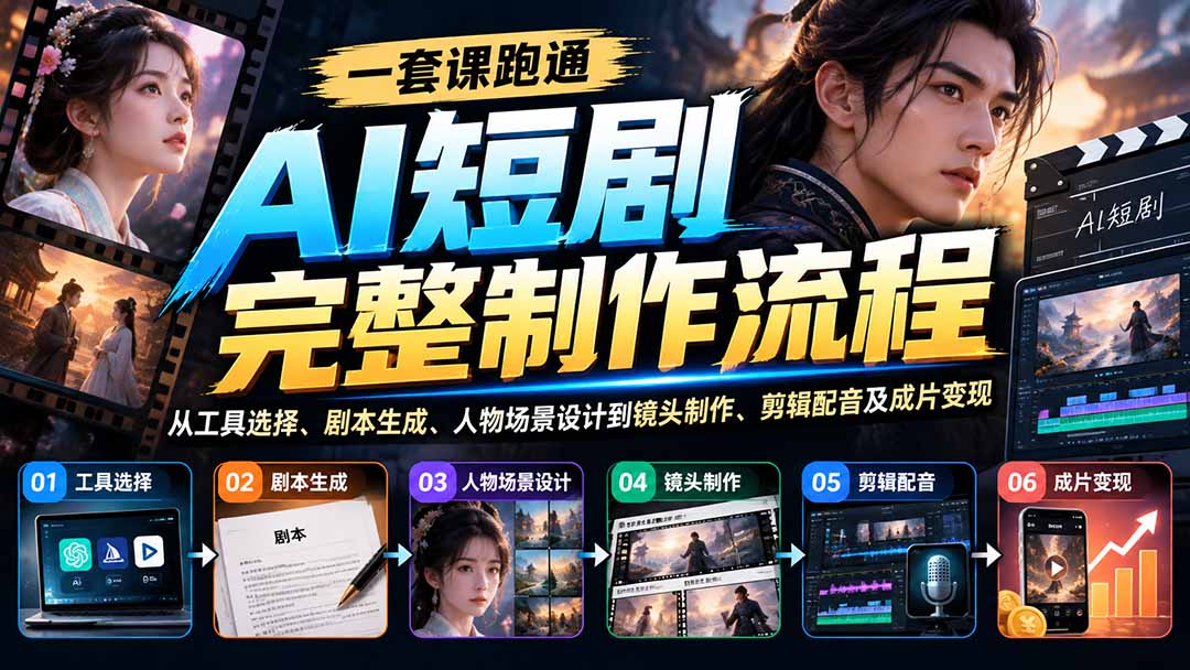 一套课跑通AI短剧完整制作流程:从工具选择、剧本生成、人物场景设计到镜头制作、剪辑配音及成片变现-鑫梵淘轻创网