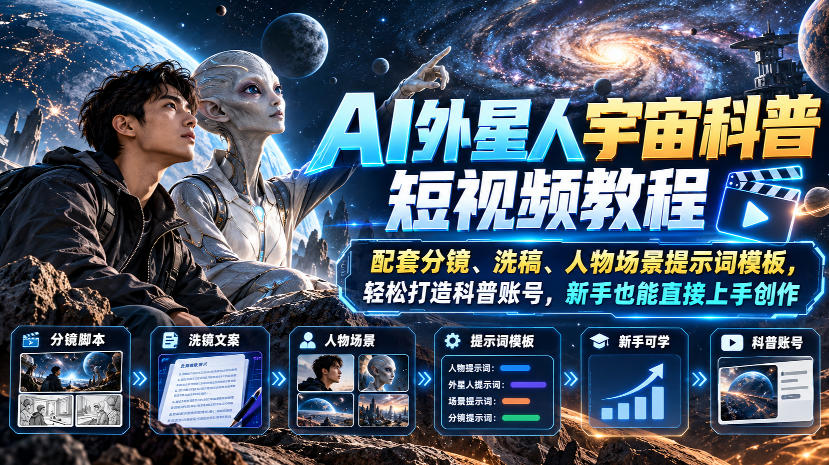 AI外星人宇宙科普短视频教程,配套分镜、洗稿、人物场景提示词模板,轻松打造科普账号,新手也能直接上手创作-鑫梵淘轻创网