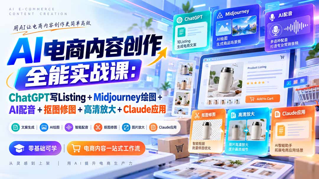 【无水印】AI电商内容创作全能实战课:ChatGPT写Listing+Midjourney绘图+AI配音+抠图修图+高清放大+Claude应用-鑫梵淘轻创网