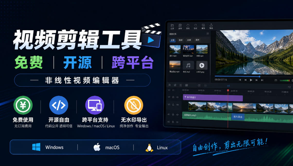 视频剪辑工具,免费、开源、跨平台,非线性视频编辑器,支持Windows、macOS、Linux,无水印、无订阅费用-鑫梵淘轻创网