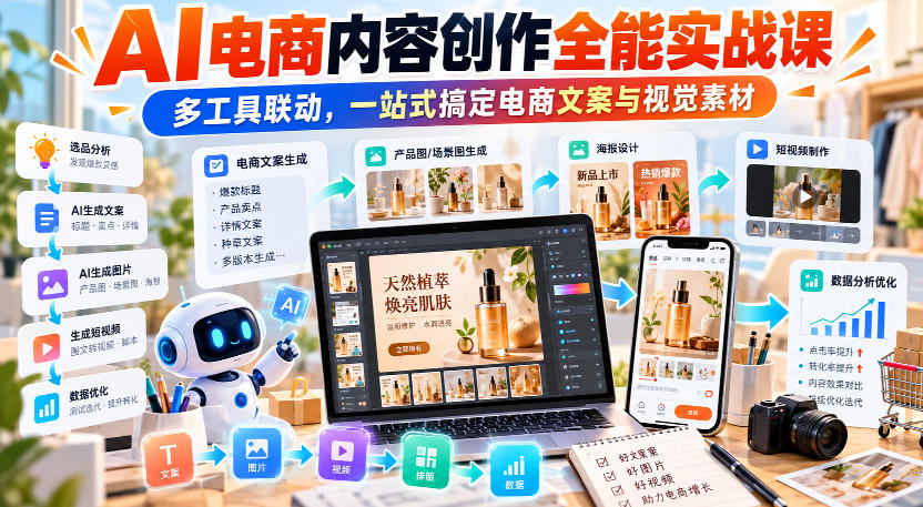 【无水印】AI电商内容创作全能实战课｜多工具联动，一站式搞定电商文案与视觉素材-鑫梵淘轻创网