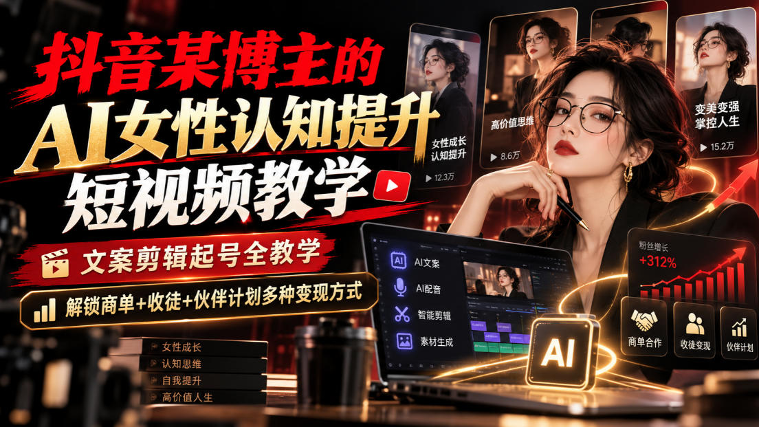 抖音某博主的Ai女性认知提升短视频教学,文案剪辑起号全教学,解锁商单+收徒+伙伴计划多种变现方式-鑫梵淘轻创网