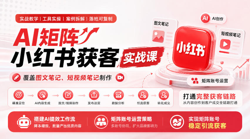 AI矩阵小红书获客实战课,覆盖图文笔记、短视频笔记制作,打通完整获客链路,搭建AI提效工作流,实现矩阵账号稳定引流获客-鑫梵淘轻创网