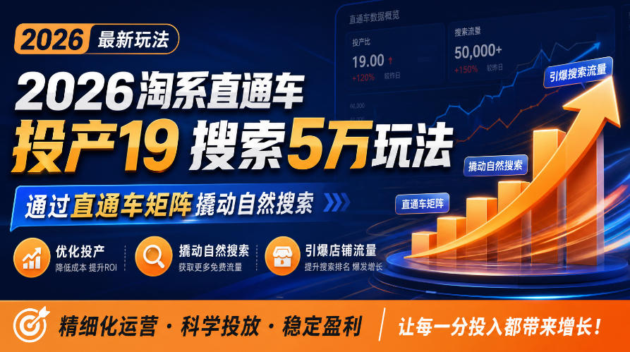2026淘系直通车投产19搜索5万玩法,通过直通车矩阵撬动自然搜索,帮助商家优化投产,引爆店铺搜索流量-鑫梵淘轻创网