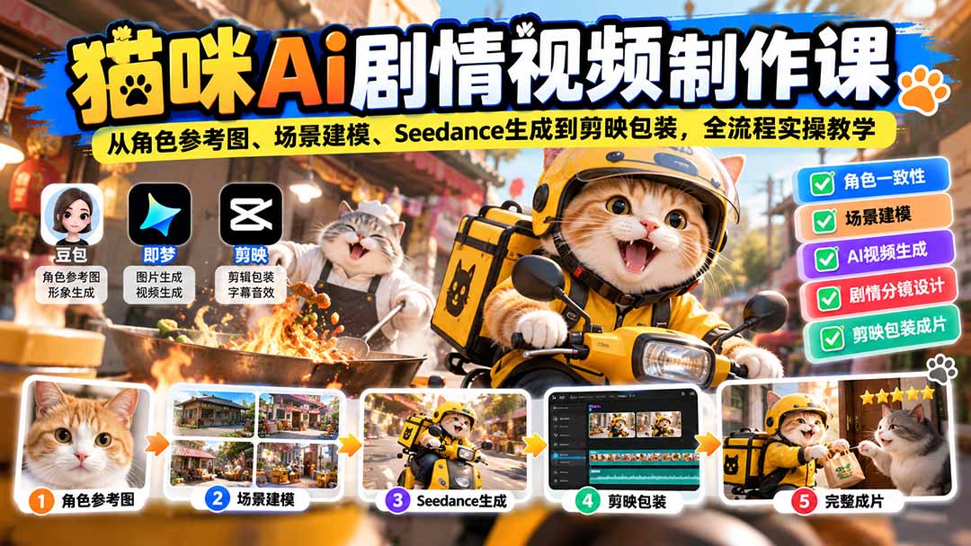 猫咪AI剧情视频制作课:从角色参考图、场景建模、Seedance生成到剪映包装,全流程实操教学-鑫梵淘轻创网