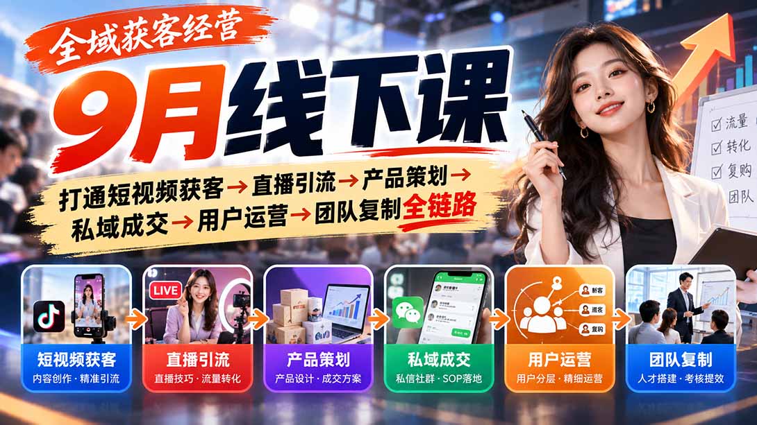 全域获客经营9月线下课:打通短视频获客→直播引流→产品策划→私域成交→用户运营→团队复制全链路-鑫梵淘轻创网
