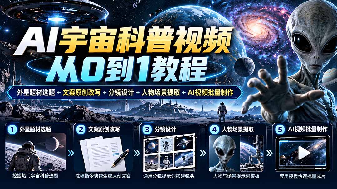AI宇宙科普视频从0到1教程|外星题材选题+文案原创改写+分镜设计+人物场景提取+AI视频批量制作-鑫梵淘轻创网