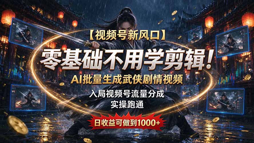 【视频号新风口】零基础不用学剪辑!AI 批量生成武侠剧情视频,入局视频号流量分成,实操跑通,日收益可做到 1000+-鑫梵淘轻创网