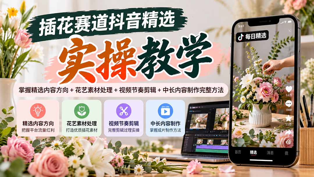 插花赛道抖音精选实操教学：掌握精选内容方向+花艺素材处理+视频节奏剪辑+中长内容制作完整方法-鑫梵淘轻创网