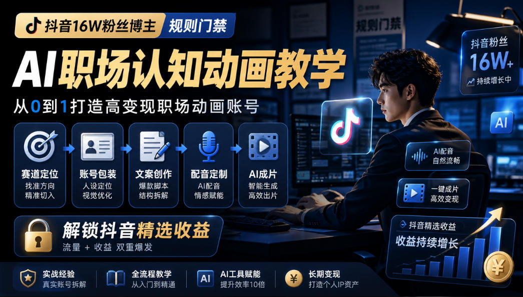 抖音16W粉丝博主规则门禁的AI职场认知动画教学,从赛道定位、账号包装,到文案创作、配音定制、AI成片,解锁抖音精选收益-鑫梵淘轻创网