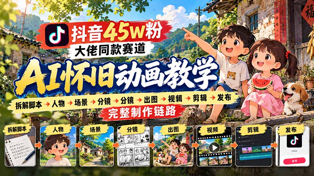 抖音45W粉大佬同款赛道AI怀旧动画教学:拆解脚本→人物→场景→分镜→出图→视频→剪辑→发布完整制作链路-鑫梵淘轻创网
