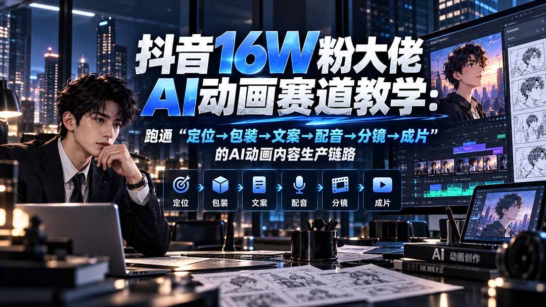 抖音16W粉大佬规则门禁AI动画赛道教学:跑通“定位→包装→文案→配音→分镜→成片”的AI动画内容生产链路-鑫梵淘轻创网